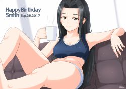 Rule 34 | 1girl, 2017, arm rest, black hair, blue bra, bra, breasts, brown eyes, character name, cleavage, closed mouth, coffee mug, convenient leg, couch, cup, dated, dutch angle, feet out of frame, gecotan, happy birthday, long hair, medium breasts, monster musume no iru nichijou, ms. smith, mug, navel, panties, september, signature, sitting, smile, solo, sports bra, steam, underwear, underwear only, very long hair, white panties