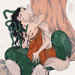 Rule 34 | 2girls, animal ears, biting, black hair, braid, brown background, chest sarashi, chinese commentary, chinese text, closed eyes, cloud print, colored eyelashes, dress, earrings, fangs, fingernails, green hair, green scales, highres, hoop earrings, hug, jewelry, juanmao, lamia, light brown hair, long hair, monster girl, multiple girls, nail polish, neck biting, original, red dress, red nails, sarashi, scales, scar, scar on arm, scar on stomach, sharp fingernails, simple background, sitting, sitting on lap, sitting on person, snake hair, strapless, strapless dress, tail, translated, wolf ears, wolf girl, wolf tail, yuri