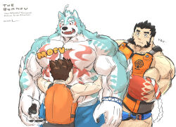 Rule 34 | 3boys, arm hair, bara, blue fur, blue male swimwear, body hair, chest tattoo, feet out of frame, forked eyebrows, furry, furry male, hachimaki, hairy, headband, hiding, hiding behind another, highres, hug, large hands, large pectorals, leg hair, long sideburns, male focus, male swimwear, protagonist 1 (housamo), mature male, multiple boys, muscular, muscular male, nejiri hachimaki, official alternate costume, oguchi magami, pectorals, saro (rotsw 00022), short hair, sideburns, size difference, tajikarao (housamo), tattoo, thick eyebrows, tokyo houkago summoners, topless male, white fur, wolf boy, yaoi