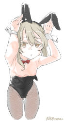 Rule 34 | 1girl, breasts, brown eyes, brown hair, fishnet pantyhose, fishnets, girls und panzer, highres, leotard, leotard pull, looking at viewer, nipples, open mouth, pantyhose, playboy bunny, rabbit ears, shimada arisu, small breasts, solo, tarou.new, wrist cuffs