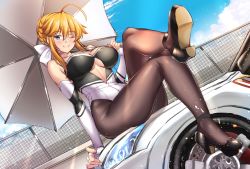 Rule 34 | 1girl, adapted costume, ahoge, artoria pendragon (fate), artoria pendragon (lancer) (fate), azur lane, blush, braid, braided bun, breasts, brown thighhighs, car, center opening, chain-link fence, closed mouth, cloud, commentary request, cosplay, crossed legs, day, dutch angle, elbow gloves, fate/grand order, fate (series), fence, fingerless gloves, french braid, full body, gloves, green eyes, hair between eyes, hair bun, high heels, highres, large breasts, leotard, looking at viewer, motor vehicle, on vehicle, one eye closed, outdoors, race queen, ribbon, shirokuma a, sidelocks, sitting, sky, sleeveless, solo, strapless, strapless leotard, swept bangs, takao (azur lane), takao (azur lane) (cosplay), takao (full throttle charmer) (azur lane), thighhighs, thighs, underboob, white gloves, white ribbon