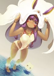 Rule 34 | 1girl, animal ears, arms up, bare arms, bare shoulders, blush, brown background, casual one-piece swimsuit, closed mouth, collarbone, commentary request, competition swimsuit, cosplay, dark-skinned female, dark skin, dutch angle, facial mark, fate/grand order, fate (series), hair between eyes, highres, jackal ears, jewelry, kickboard, long hair, looking at viewer, md5 mismatch, medjed (fate), medjed (fate) (cosplay), nitocris (fate), nitocris (fate/grand order), nitocris (swimsuit assassin) (fate), nitocris (swimsuit assassin) (second ascension) (fate), nose blush, one-piece swimsuit, pendant, pixiv fate/grand order contest 2, purple eyes, purple hair, resolution mismatch, smile, solo, source smaller, standing, swimsuit, very long hair, wading, water, white one-piece swimsuit, yoka1chi