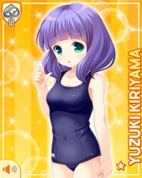 Rule 34 | 1girl, :o, bare arms, bare legs, bare shoulders, blue one-piece swimsuit, blunt bangs, card (medium), character name, competition swimsuit, girlfriend (kari), green eyes, kiriyama yuzuki, looking at viewer, official art, one-piece swimsuit, open mouth, purple hair, qp:flapper, solo, swimsuit, tagme, yellow background