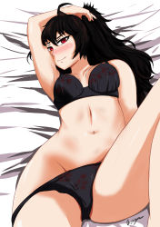 Rule 34 | 1girl, absurdres, ahoge, aikiyun, arm up, bare arms, bare legs, bare shoulders, bed, bed sheet, black hair, black panties, blush, bra, breasts, breasts apart, cleavage, hand in own hair, happy, highres, leg up, lingerie, long hair, looking at viewer, lying, mature female, navel, on back, on bed, panties, raven branwen, red eyes, rwby, smile, solo, stomach, thighs, underwear, underwear only, very long hair