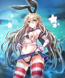 Rule 34 | 10s, 1girl, :&lt;, black panties, blonde hair, blush, brown eyes, elbow gloves, gloves, hairband, highleg, highleg panties, highres, kantai collection, long hair, looking at viewer, microskirt, navel, panties, personification, shimakaze (kancolle), sketch, skirt, solo, star (symbol), striped clothes, striped thighhighs, taishi (artist), taishi (picchiridou), thighhighs, underwear, white gloves