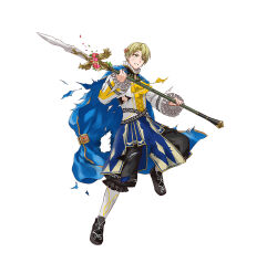 Rule 34 | 1boy, alfred (fire emblem), ascot, blonde hair, cape, fire emblem, fire emblem engage, fire emblem heroes, full body, green eyes, high collar, holding, holding weapon, long sleeves, male focus, nintendo, official art, polearm, short hair, solo, spear, weapon, white background
