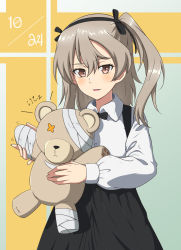 Rule 34 | 1girl, ada badguy, bandages, birthday, black bow, black bowtie, black skirt, blouse, boko (girls und panzer), bow, bowtie, brown eyes, casual, collared shirt, commentary, dated, girls und panzer, high-waist skirt, highres, holding, holding stuffed toy, light brown hair, long hair, long sleeves, looking at viewer, medium skirt, motion lines, one side up, open mouth, shimada arisu, shirt, skirt, smile, solo, stuffed animal, stuffed toy, suspender skirt, suspenders, teddy bear, white shirt