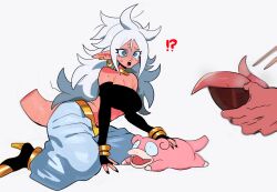 Rule 34 | !?, 1boy, 1girl, 1other, :o, amputee, android 21, arm support, baggy pants, black nails, blue eyes, breasts, cannibalism, color connection, colored skin, creatures (company), crossover, dragon ball, dragon ball fighterz, earrings, expressionless, fangs, game freak, gen 1 pokemon, gold earrings, holding, hoop earrings, injury, jewelry, large breasts, long hair, looking at another, lying, majin android 21, nanika (nnkgh), nintendo, on stomach, pain, pants, pink skin, pokemon, simple background, slowpoke, standing, surprised, sweat, tail, tears, trait connection, very long hair, white hair