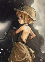 Rule 34 | 1girl, backless outfit, bare back, ccandids, determined, ears visible through hair, glasses, gloves, green eyes, headlamp, helmet, highres, made in abyss, majikajya, riko (made in abyss), short hair, shoulder blades, sketch lines