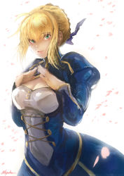 Rule 34 | 1girl, ahoge, aqua eyes, artist name, artoria pendragon (all), artoria pendragon (fate), blonde hair, blue dress, blue ribbon, braid, breasts, cleavage, closed mouth, cross-laced clothes, dress, fate/stay night, fate (series), hair between eyes, hair ribbon, hands up, juliet sleeves, long sleeves, medium breasts, nkyoku, petals, puffy sleeves, ribbon, saber (fate), simple background, smile, solo, turtleneck, white background
