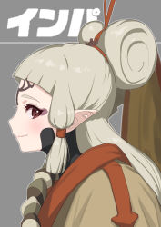 Rule 34 | 1girl, ajirogasa, brown eyes, character name, closed mouth, commentary request, eye symbol, facial mark, forehead mark, from side, green322, grey hair, hair bun, hair ornament, hair stick, hat, hat on back, highres, hyrule warriors: age of calamity, impa, long hair, looking at viewer, low-tied long hair, nintendo, pointy ears, sheikah, single hair bun, smile, solo, the legend of zelda, the legend of zelda: breath of the wild, unworn hat, unworn headwear