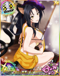 Rule 34 | 1girl, :p, animal ears, bikini, bikini top only, bikini under clothes, bishop (chess), black hair, breasts, card (medium), cat ears, cat tail, character name, chess piece, hair rings, hat, high school dxd, high school dxd born, kuroka (high school dxd), large breasts, long hair, looking at viewer, multiple tails, naughty face, official art, sideboob, sitting, slit pupils, smile, solo, source request, swimsuit, tail, tongue, tongue out, trading card, white bikini, yellow eyes