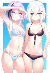 Rule 34 | 2girls, arm at side, arm behind back, arm up, bikini, black bikini, black hair, blue background, blue bikini, blush, breasts, collarbone, commentary request, frilled bikini, frills, front-tie bikini top, front-tie top, hair between eyes, hair ornament, hairclip, highres, jitome, kinukawa chinatsu, legs apart, looking at viewer, medium breasts, medium hair, multicolored hair, multiple girls, navel, open mouth, original, otokuyou, outside border, parted lips, purple hair, ringo-chan (otokuyou), shaded face, simple background, small breasts, standing, stomach, streaked hair, sweat, swimsuit, two-tone background, two-tone hair, white background, white hair