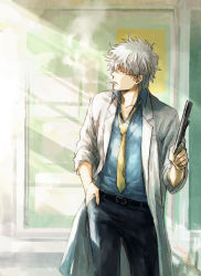 Rule 34 | 1boy, acaco, bespectacled, cigarette, gintama, glasses, hand in pocket, lab coat, looking to the side, male focus, necktie, notebook, sakata gintoki, silver hair, smoking, solo