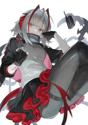Rule 34 | 1girl, ahoge, arknights, black gloves, black pants, commentary request, controller, fingerless gloves, gloves, grey hair, grey shirt, hair intakes, highres, jacket, long hair, long sleeves, looking at viewer, nao (syn eaa), pants, pantyhose, red eyes, remote control, shirt, sidelocks, simple background, sitting, smile, solo, teeth, w (arknights), white background