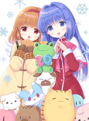 Rule 34 | 2girls, :3, :d, :o, air (visual novel), backpack, bag, blue eyes, blue hair, blush, botan (clannad), bow, brown mittens, capelet, cat, chibi-moth, clannad, colored eyelashes, commentary request, company connection, cowboy shot, crossover, crown, dango daikazoku, doruji, dress, flower, food, fox, hair between eyes, hair intakes, hairband, hands up, holding, holding flower, hoshimame mana, inari (summer pockets), kanon, keropii, key (company), little busters!, long hair, long sleeves, looking at viewer, medium hair, minase nayuki, mini crown, mittens, multiple crossover, multiple girls, open mouth, own hands together, pink bow, piro, potato (air), red dress, red eyes, red hairband, rewrite, school uniform, side-by-side, simple background, smile, snowflakes, solo, standing, steepled fingers, straight hair, summer pockets, taiyaki, tsukimiya ayu, very long hair, wagashi, waving, white background, white capelet, white wings, wings, | |