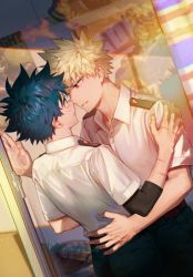 Rule 34 | 2boys, against glass, all might, bakugou katsuki, blonde hair, boku no hero academia, commentary request, couple, eye contact, face-to-face, forehead-to-forehead, freckles, green eyes, green hair, hands on another&#039;s hips, hands on another&#039;s shoulders, heads together, highres, holding, imminent kiss, indoors, looking at another, male focus, messy hair, midoriya izuku, milmil (wa ten&#039;nendesu), multiple boys, poster (object), red eyes, scar, school uniform, short hair, spiked hair, superhero costume, yaoi