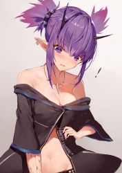 Rule 34 | !, 1girl, absurdres, arknights, bare shoulders, black shirt, blush, breasts, cleavage, commentary request, grey background, highres, horns, jewelry, lava (arknights), material growth, moff (dyhc8382), navel, necklace, off-shoulder shirt, off shoulder, oripathy lesion (arknights), partial commentary, pointy ears, purple eyes, purple hair, shirt, short hair, short sleeves, sidelocks, small breasts, solo, stomach, twintails, upper body