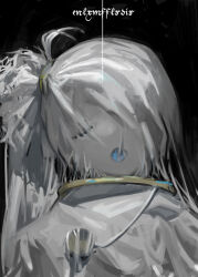 Rule 34 | 1boy, ahoge, black background, cape, closed eyes, gold trim, head tilt, library of ruina, long hair, nishikujic, open mouth, project moon, side ponytail, sidelocks, simple background, solo, upper body, very long hair, white cape, white hair, white veil, yan vismok