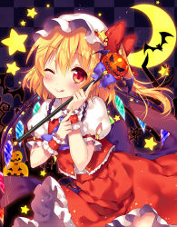 Rule 34 | 1girl, ascot, bat (animal), baton, blonde hair, blush, bow, crescent, flandre scarlet, halloween, hat, hat bow, jack-o&#039;-lantern, licking lips, looking at viewer, mob cap, one eye closed, puffy short sleeves, puffy sleeves, red eyes, riichu, shirt, short sleeves, side ponytail, skirt, skirt set, smile, solo, star (symbol), tongue, tongue out, touhou, vest, wings, wrist cuffs