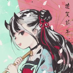 Rule 34 | 1girl, 2021, :d, akeome, animal print, bell, black choker, black eyes, black hair, blush, chinese zodiac, choker, collar, commentary, cow print, english commentary, flower knot, from side, grey hair, hair bun, haori, happy new year, highres, holding, holding umbrella, horns, japanese clothes, kimono, long hair, looking at viewer, looking to the side, multicolored hair, neck bell, new year, oil-paper umbrella, open mouth, original, pumpkinspicelatte, single hair bun, smile, solo, streaked hair, umbrella, upper body, year of the ox