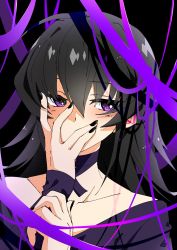 Rule 34 | 1girl, ayamine kei, bare shoulders, black background, black choker, black hair, black nails, black shirt, blouse, bright pupils, choker, collarbone, covered mouth, hand on own face, hand on own wrist, highres, kamon rider, looking to the side, medium hair, muv-luv, nail polish, portrait, shirt, solo, white pupils