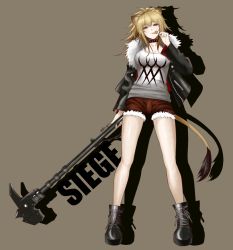 Rule 34 | 1girl, :p, animal ears, arknights, bare legs, black footwear, black jacket, blonde hair, boots, brown eyes, brown shorts, candy, character name, commentary, drop shadow, food, grey background, hammer, hand up, holding, holding food, holding hammer, holding weapon, jacket, lim aya w, lion ears, lion tail, lollipop, long hair, long sleeves, looking at viewer, shirt, short shorts, shorts, siege (arknights), simple background, solo, t-shirt, tail, thighs, tongue, tongue out, weapon, white shirt, yellow background