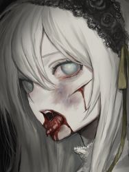 Rule 34 | 1girl, bags under eyes, blood, blood from mouth, blue eyes, bonnet, bruise, close-up, fangs, female focus, hair between eyes, injury, jiz (pffbq), lace, open mouth, original, pale skin, portrait, scratches, solo, teeth, white hair
