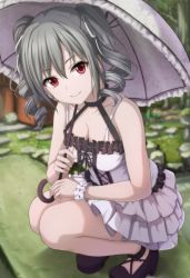 Rule 34 | 1girl, bare arms, bare shoulders, black footwear, black ribbon, blurry, blurry background, breasts, cleavage, closed mouth, collarbone, commentary request, cross-laced clothes, curly hair, depth of field, dress, frilled dress, frills, grass, grey hair, hair ribbon, halterneck, highres, holding, holding umbrella, idolmaster, idolmaster cinderella girls, kanzaki ranko, layered dress, long hair, looking at viewer, mary janes, medium breasts, narafume, outdoors, pavement, pleated dress, red eyes, ribbon, ribbon trim, shoes, sidelocks, single wrist cuff, smile, solo, squatting, twintails, umbrella, white dress, white ribbon, wrist cuffs