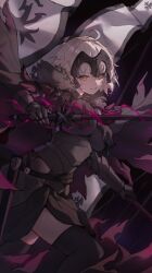 1girl ahoge armor armored_dress black_armor black_cape black_thighhighs breasts cape chain commentary drone_(drone_37) fate/grand_order fate_(series) feet_out_of_frame flag fur-trimmed_cape fur_trim gauntlets grey_hair headpiece highres holding holding_sword holding_weapon jeanne_d&#039;arc_alter_(avenger)_(fate) jeanne_d&#039;arc_alter_(avenger)_(first_ascension)_(fate) jeanne_d&#039;arc_alter_(fate) la_grondement_du_haine large_breasts looking_at_viewer orange_eyes parted_lips revision short_hair smile solo sword tassel thighhighs weapon white_flag