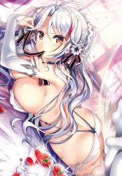 Rule 34 | 1girl, alternate costume, antenna hair, ass, azur lane, bikini, black ribbon, blush, breasts, cherry, cup, curtains, drinking glass, food, fruit, fujima takuya, hair ornament, hair ribbon, juice, large breasts, long hair, looking at viewer, lying, mole, mole on breast, mouth hold, multicolored hair, on stomach, petals, prinz eugen (azur lane), prinz eugen (symphonic fate) (azur lane), red eyes, red hair, ribbon, silver hair, solo, streaked hair, swimsuit, two side up, white bikini, window