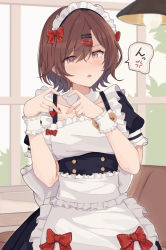Rule 34 | 1girl, :o, alternate costume, anger vein, apron, blush, brown hair, collarbone, detached collar, enmaided, heart, heart hands, highres, higuchi madoka, idolmaster, idolmaster shiny colors, indoors, looking at viewer, maid, maid headdress, mole, mole under eye, name tag, puffy short sleeves, puffy sleeves, red eyes, restaurant, short sleeves, solo, spoken anger vein, white apron, window, wrist cuffs, yui081