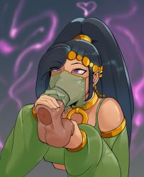 Rule 34 | 1girl, absurdres, black hair, dragon quest, dragon quest xi, fellatio, fellatio under mask, harem outfit, highres, holding testicles, martina (dq11), mouth veil, nunsafeforwork, oral, ponytail, purple eyes, testicle grab, testicles, veil