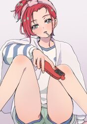 1girl amate_yuzuriha aqua_eyes bhachi88888888 blush gundam gundam_gquuuuuux highres long_sleeves looking_at_viewer pajamas red_hair shirt short_hair shorts simple_background sitting solo spoon towel towel_around_neck towel_on_head utensil_in_mouth wariza