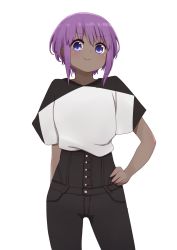 Rule 34 | 1girl, black pants, blush, closed mouth, dark-skinned female, dark skin, fate/prototype, fate/prototype: fragments of blue and silver, fate (series), hair between eyes, hand on own hip, hassan of serenity (fate), highres, i.u.y, looking at viewer, pants, purple eyes, purple hair, shirt, short sleeves, sidelocks, simple background, smile, solo, standing, white background, white shirt, wide sleeves