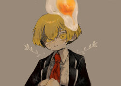 Rule 34 | 1boy, black jacket, blonde hair, bright pupils, closed mouth, collared shirt, colored eyelashes, commentary request, crying, crying with eyes open, egg yolk, food, formal, grey background, highres, jacket, limbus company, long sleeves, male focus, mochigome 138, necktie, open clothes, open jacket, project moon, red necktie, shirt, short hair, sinclair (project moon), solo, suit, tears, white pupils, white shirt, yellow eyes