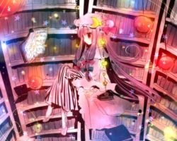 Rule 34 | 1girl, book, bow, colorful, crescent, crescent moon, female focus, floating, glowing, hair bow, hat, lamp, library, long hair, moon, patchouli knowledge, purple eyes, purple hair, robe, solo, star (symbol), striped, torii sumi, touhou, voile