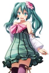 Rule 34 | 1girl, :d, absurdres, blue dress, blue eyes, blue hair, bow, brown ribbon, collarbone, cowboy shot, dress, floating hair, hair between eyes, hair ornament, hatsune miku, highres, looking at viewer, open mouth, pink bow, project diva (series), purple thighhighs, ribbon, ribbon-trimmed sleeves, ribbon trim, short dress, simple background, sleeveless, sleeveless dress, smile, solo, standing, strapless, strapless dress, striped clothes, striped dress, thighhighs, tsukishiro saika, twintails, vertical-striped clothes, vertical-striped dress, vocaloid, white background
