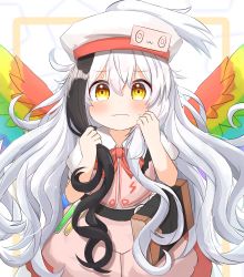 Rule 34 | 1girl, alternate hair length, alternate hairstyle, belt, black hair, blush, book, collared dress, coruthi, dress, feathered wings, hat, highres, holding, holding hair, hollow song of birds, long hair, looking at viewer, multicolored hair, neck ribbon, rainbow wings, ribbon, solo, sweat, torisumi horou, touhou, two-tone hair, very long hair, wavy mouth, white hair, wings, yellow eyes