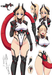 Rule 34 | 1girl, :d, blonde hair, blue eyes, blush, breasts, character sheet, covered navel, hand on own chest, high heels, highres, hime cut, horns, ishimiso (ishimura), large breasts, long hair, looking at viewer, multiple views, open mouth, original, scorpion leotard, smile, tail, tall, teeth, thighhighs, upper teeth only