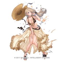 Rule 34 | alternate costume, between legs, bikini, blonde hair, blue eyes, bow, bracelet, bracelet removed, breasts, broken glass, cleavage, cup, drinking glass, drinking straw, female focus, fire emblem, fire emblem: three houses, fire emblem heroes, food, fruit, glass, hand between legs, hat, unworn hat, unworn headwear, jewelry, kippu, large breasts, legs, long hair, looking to the side, mercedes von martritz, midriff, nail polish, navel, nintendo, official art, one eye closed, open mouth, parfait, petals, ponytail, sandals, simple background, solo, spoon, straw hat, summer, swimsuit, thighs, toenail polish, toenails, toes, torn clothes, white background, wince, worried
