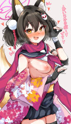 Rule 34 | 1girl, animal ear fluff, animal ears, black gloves, black hair, black skirt, blue archive, blush, breasts, fox ears, fox girl, fox shadow puppet, fox tail, gloves, grey background, hair between eyes, hair ornament, halo, highres, izuna (blue archive), looking at viewer, machismo fuji, medium breasts, nipples, open mouth, partially fingerless gloves, pom pom (clothes), pom pom hair ornament, red scarf, scarf, short hair, simple background, skirt, solo, sweat, tail, translation request, yellow eyes