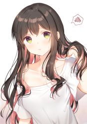 Rule 34 | 1girl, alternate hairstyle, black hair, blush, closed mouth, collarbone, fang, fang out, gradient background, hair between eyes, highres, hiiragi souren, kantai collection, long hair, multicolored hair, naganami (kancolle), pink hair, shirt, short sleeves, solo, twitter username, upper body, white shirt, yellow eyes
