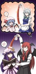 Rule 34 | + +, 2girls, :d, :|, absurdres, anger vein, apron, arm up, back bow, bat wings, beamed sixteenth notes, black skirt, black vest, blue dress, blue hair, blunt bangs, blush stickers, book, bow, braid, breasts, capelet, closed eyes, closed mouth, collared shirt, commentary request, cowboy shot, crescent, crescent pin, cup, dress, dress shirt, empty eyes, excited, failure, flapping, gloom (expression), gradient background, hair ribbon, hat, hat bow, head wings, highres, hime cut, holding, holding book, holding cup, hoshii 1213, imagining, izayoi sakuya, juliet sleeves, koakuma, large bow, long hair, long sleeves, looking at another, maid, maid headdress, mob cap, multiple girls, musical note, necktie, open book, open mouth, patchouli knowledge, pink shirt, pointy ears, pouring, puffy short sleeves, puffy sleeves, purple background, purple dress, purple eyes, purple hair, red hair, red neckwear, remilia scarlet, ribbon, shirt, short hair, short sleeves, sidelocks, silver hair, simple background, skirt, skirt set, smile, sparkle, spilling, spoken anger vein, spoken musical note, striped clothes, striped dress, teacup, teapot, thought bubble, touhou, tress ribbon, twin braids, vertical-striped clothes, vertical-striped dress, very long hair, vest, waist apron, white shirt, wing collar, wings, you&#039;re doing it wrong