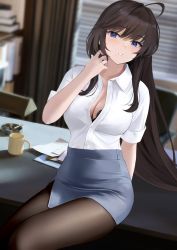 Rule 34 | 1girl, ahoge, arm behind back, arm support, ashtray, bad id, bad twitter id, black bra, window blinds, blue eyes, blue skirt, blurry, blurry background, blush, bra, bra peek, breasts, brown hair, brown pantyhose, chair, cleavage, collared shirt, cup, desk lamp, dress shirt, dutch angle, hair between eyes, highres, indoors, lace, lace bra, lamp, large breasts, long hair, looking at viewer, mole, mole under mouth, mug, office chair, office lady, on table, original, pantyhose, parted lips, pencil skirt, preview (preview0), shirt, shirt tucked in, side slit, sidelocks, sitting, skirt, sleeves rolled up, swivel chair, table, underwear, white shirt