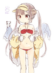 Rule 34 | 1girl, animal, azur lane, bad id, bad pixiv id, bandeau, bare shoulders, bikini, blush, brown hair, closed mouth, collarbone, fur-trimmed jacket, fur-trimmed sleeves, fur trim, hairpods, halterneck, highres, jacket, kona (canaria), looking away, looking to the side, navel, off shoulder, panda, ping hai (azur lane), ping hai (summer vacation) (azur lane), red bikini, red eyes, simple background, sketch, solo, swimsuit, translated, twintails, visor cap, white background, yellow jacket