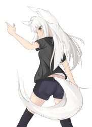 Rule 34 | 1girl, absurdres, ahoge, animal ear fluff, animal ears, arm up, black hoodie, black shorts, black thighhighs, closed mouth, commentary request, feet out of frame, fox ears, fox girl, fox tail, from behind, green eyes, highres, hood, hood down, hoodie, kuronagi (mitora uwu), long hair, looking to the side, original, short hair, short shorts, shorts, simple background, solo, standing, tail, thighhighs, very long hair, white background, white hair
