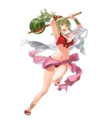 Rule 34 | 1girl, anklet, armpits, bikini, bracelet, breasts, cleavage, female focus, fire emblem, fire emblem awakening, fire emblem heroes, food, front-tie bikini top, front-tie top, fruit, full body, green eyes, green hair, high heel sandals, highres, holding, jewelry, large breasts, long hair, matching hair/eyes, navel, nintendo, official art, open mouth, pointy ears, ponytail, red bikini, sandals, solo, swimsuit, tiki (adult) (fire emblem), tiki (adult) (summer) (fire emblem), tiki (fire emblem), transparent background, watermelon