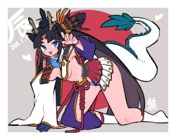 Rule 34 | 1girl, armor, asymmetrical sleeves, black hair, blue eyes, blue panties, breast curtains, breasts, dated, detached sleeves, dragon horns, dragon tail, fate/grand order, fate (series), feather hair ornament, feathers, hacco mayu, hair bun, hair ornament, hat, highres, horns, japanese armor, kneehighs, long hair, looking at viewer, medium breasts, mismatched sleeves, open mouth, panties, parted bangs, side ponytail, sidelocks, single side bun, smile, socks, solo, tail, underwear, ushiwakamaru (fate), very long hair, wide sleeves