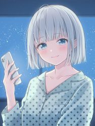 Rule 34 | 1girl, absurdres, blunt bangs, blunt ends, blush, bob cut, breast pocket, buttons, cellphone, closed mouth, collarbone, commentary request, ene mizunoawa, fingernails, green eyes, green shirt, grey hair, highres, holding, holding phone, long sleeves, looking at viewer, nail polish, night, night sky, original, pajamas, phone, pocket, polka dot, polka dot shirt, shirt, short hair, sky, smartphone, smile, solo, star (sky), starry sky, upper body, white nails, window